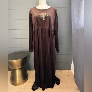 Vintage 90’s Shenanigans Brown Velveteen Baby Doll Dress Floral Embroidery